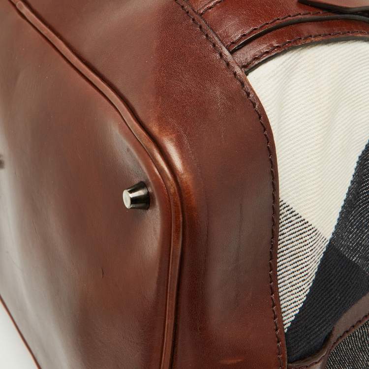 Pre Owned Burberry Brown Mega Check Canvas and Leather Lowry Tote