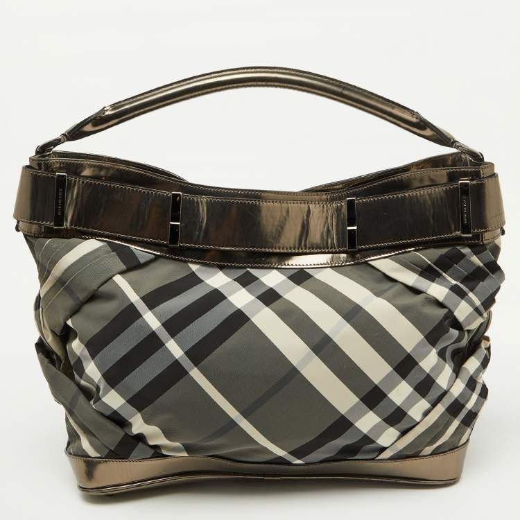 Pre Owned Burberry Metallic/Black Beat Check Nylon and Leather Buckle Hobo