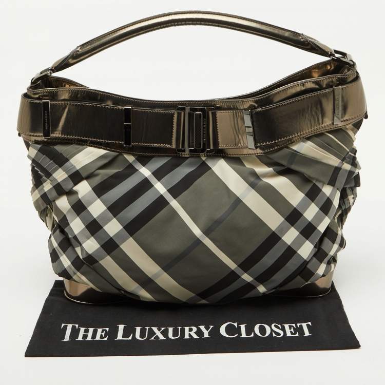 Pre Owned Burberry Metallic/Black Beat Check Nylon and Leather Buckle Hobo