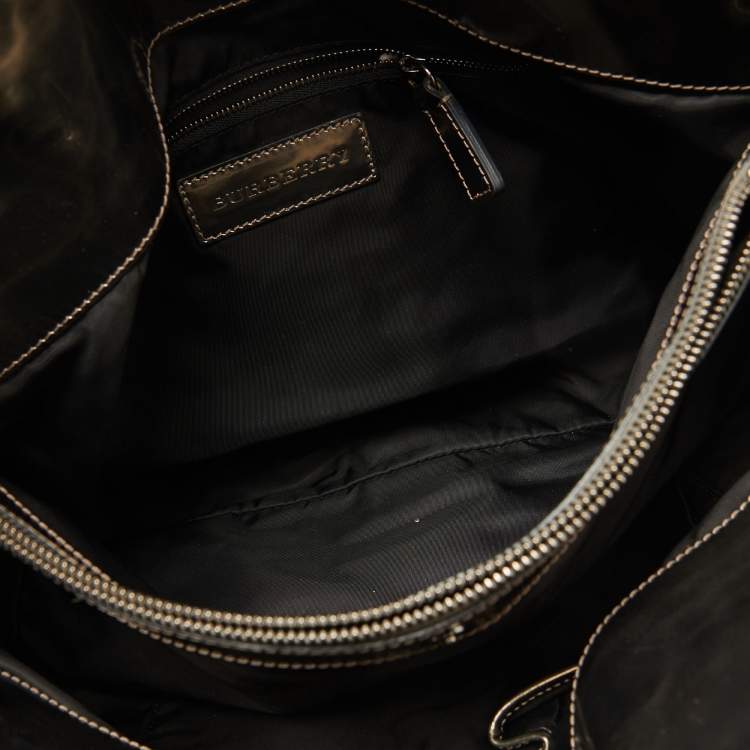 Pre Owned Burberry Metallic/Black Beat Check Nylon and Leather Buckle Hobo