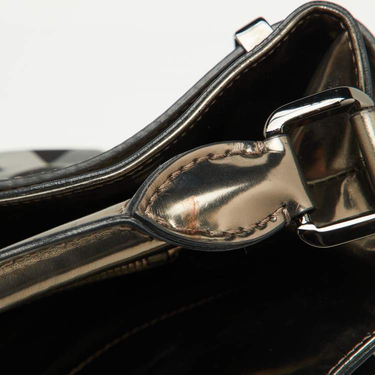 Pre Owned Burberry Metallic/Black Beat Check Nylon and Leather Buckle Hobo