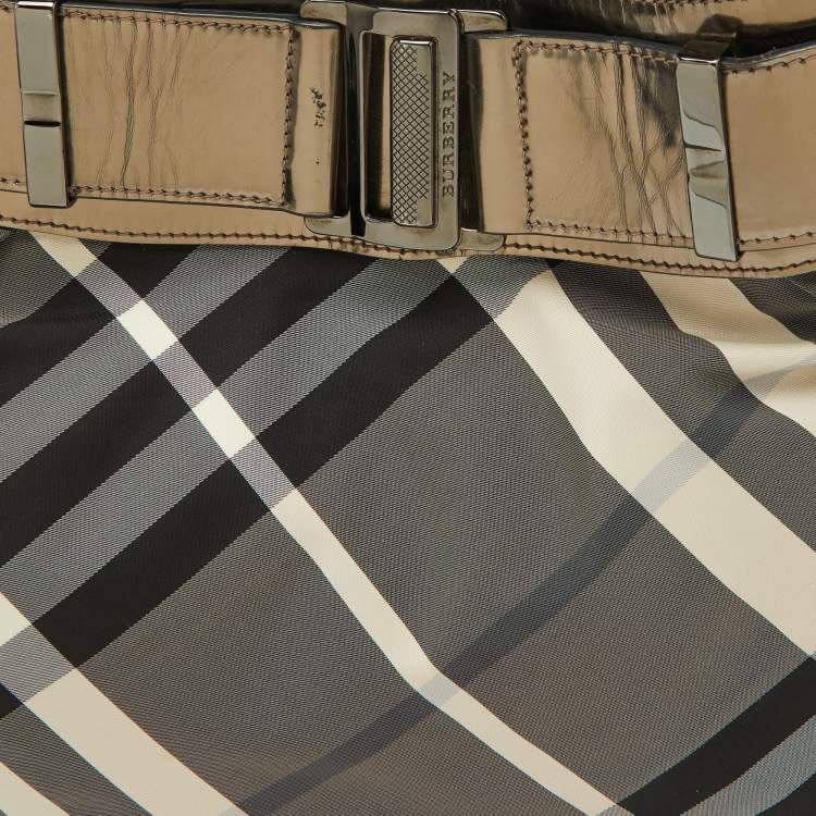 Pre Owned Burberry Metallic/Black Beat Check Nylon and Leather Buckle Hobo