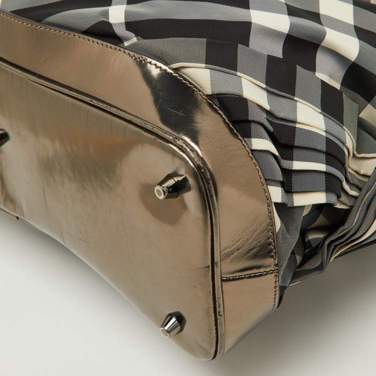 Pre Owned Burberry Metallic/Black Beat Check Nylon and Leather Buckle Hobo