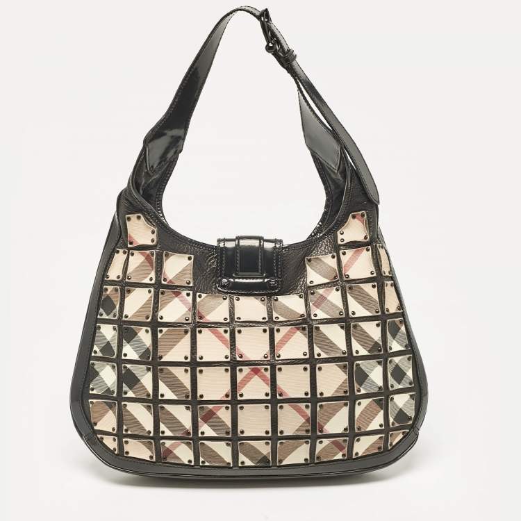 Pre Owned Burberry Black/Beige Nova Check Canvas and Leather Studded Brooke Warrior Hobo