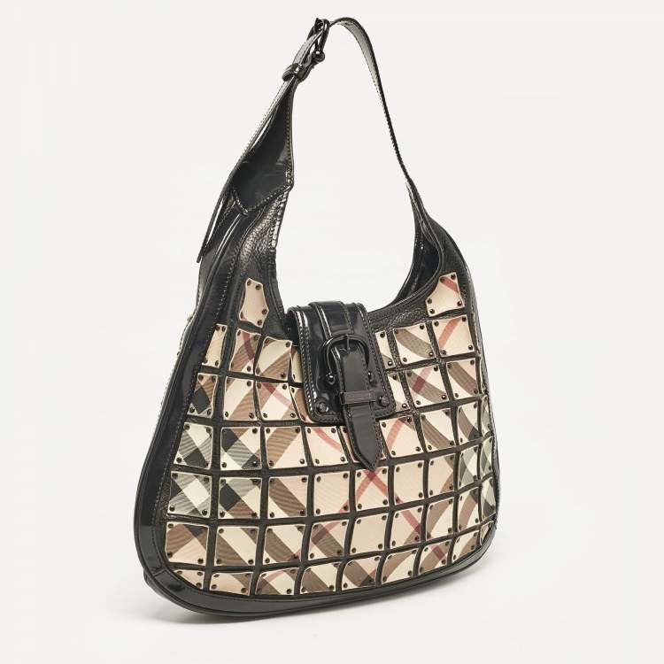 Pre Owned Burberry Black/Beige Nova Check Canvas and Leather Studded Brooke Warrior Hobo