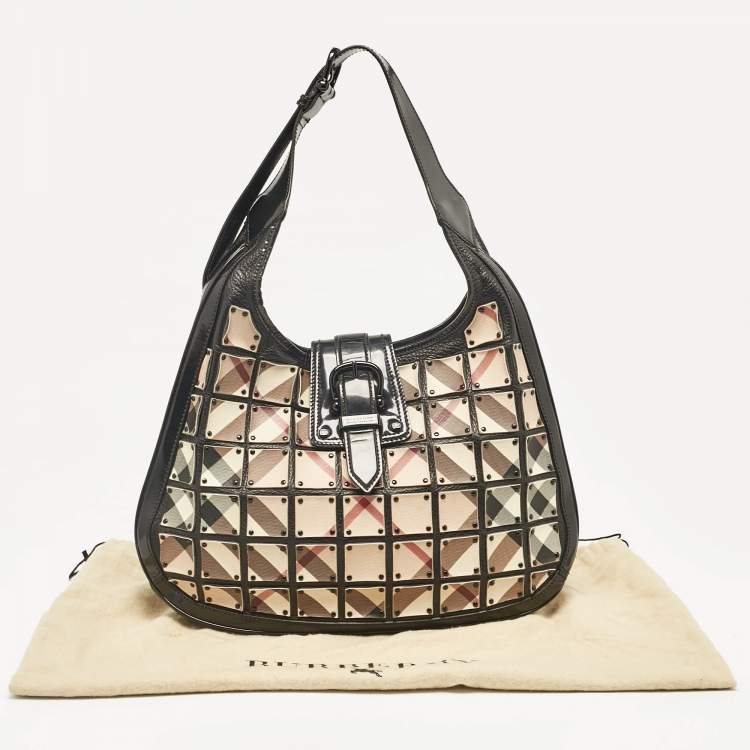 Pre Owned Burberry Black/Beige Nova Check Canvas and Leather Studded Brooke Warrior Hobo