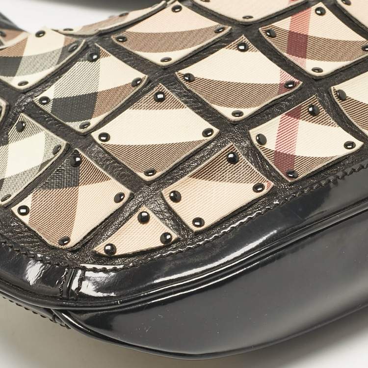 Pre Owned Burberry Black/Beige Nova Check Canvas and Leather Studded Brooke Warrior Hobo