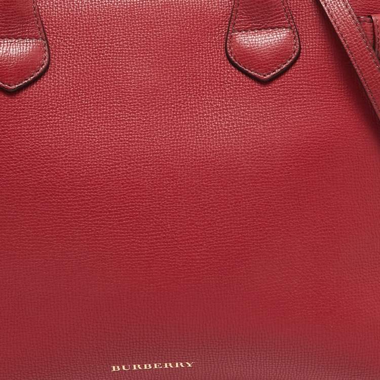 Pre Owned Burberry Red/Beige Leather and House Check Fabric Medium Banner Tote