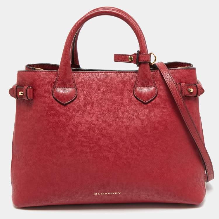Pre Owned Burberry Red/Beige Leather and House Check Fabric Medium Banner Tote