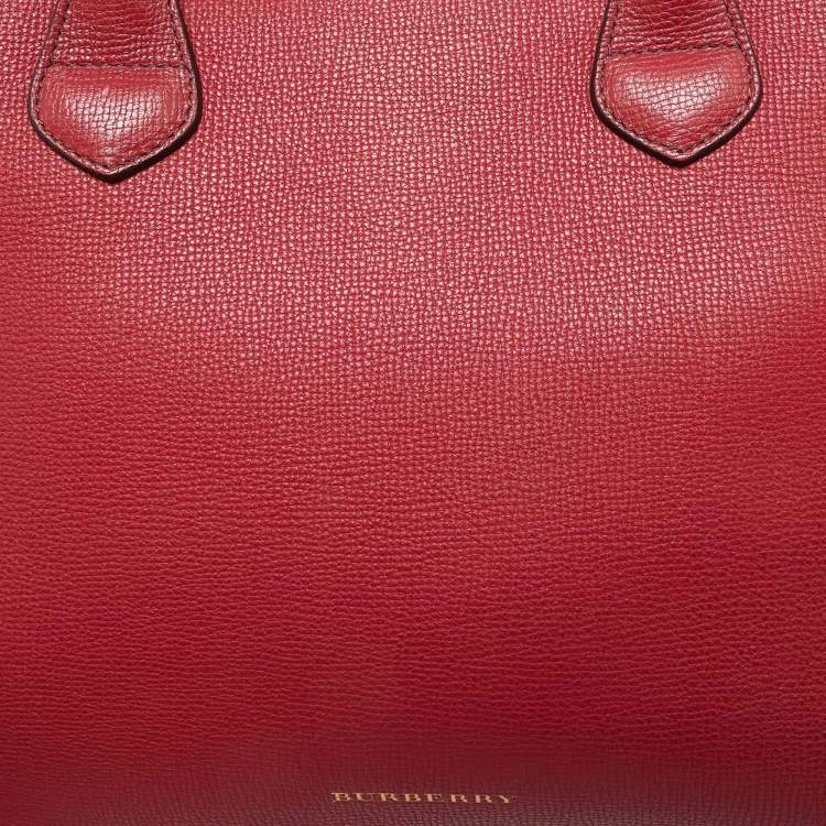 Pre Owned Burberry Red/Beige Leather and House Check Fabric Medium Banner Tote