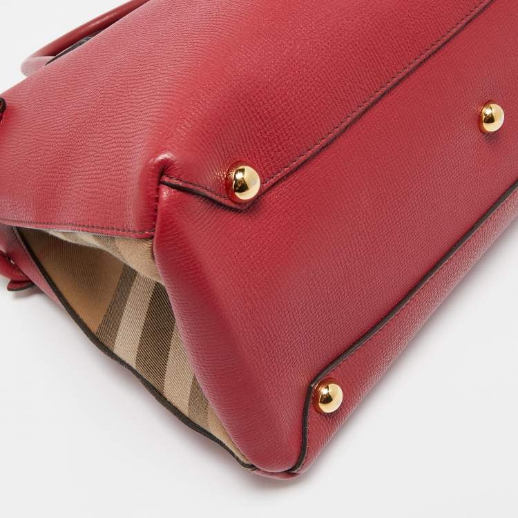 Pre Owned Burberry Red/Beige Leather and House Check Fabric Medium Banner Tote