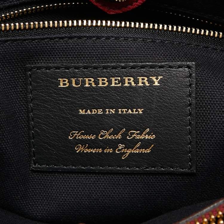 Pre Owned Burberry Red/Beige Leather and House Check Fabric Medium Banner Tote