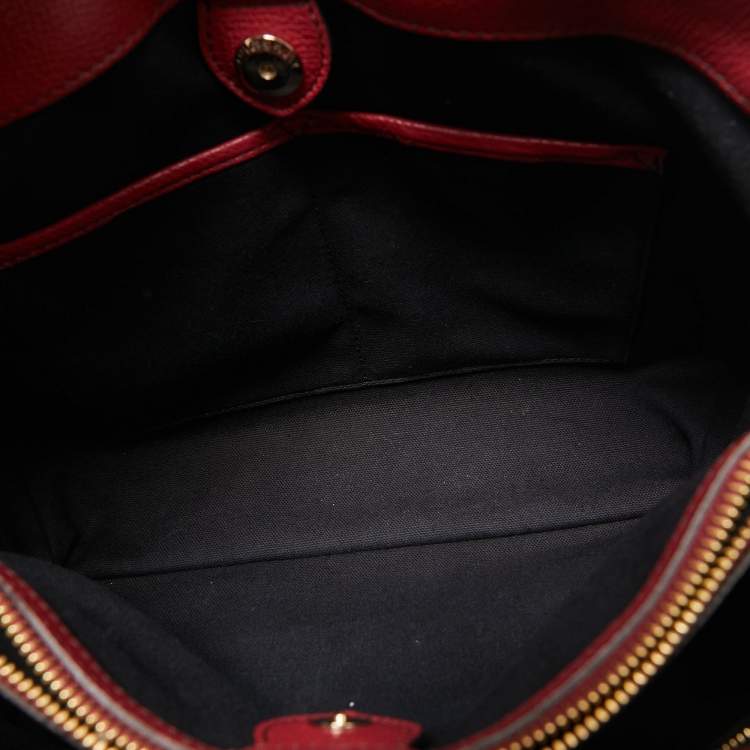 Pre Owned Burberry Red/Beige Leather and House Check Fabric Medium Banner Tote