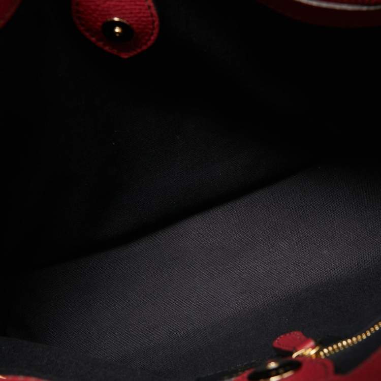 Pre Owned Burberry Red/Beige Leather and House Check Fabric Medium Banner Tote