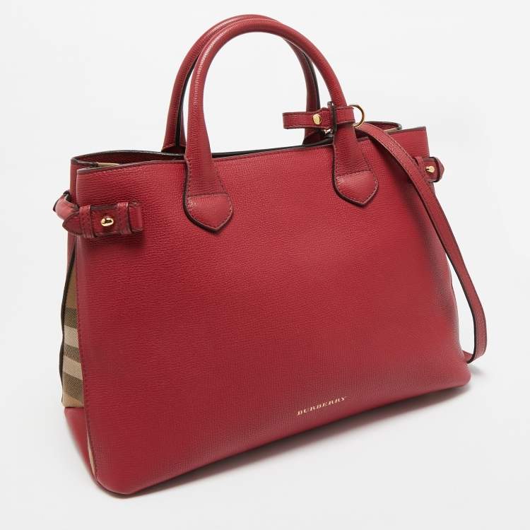 Pre Owned Burberry Red/Beige Leather and House Check Fabric Medium Banner Tote