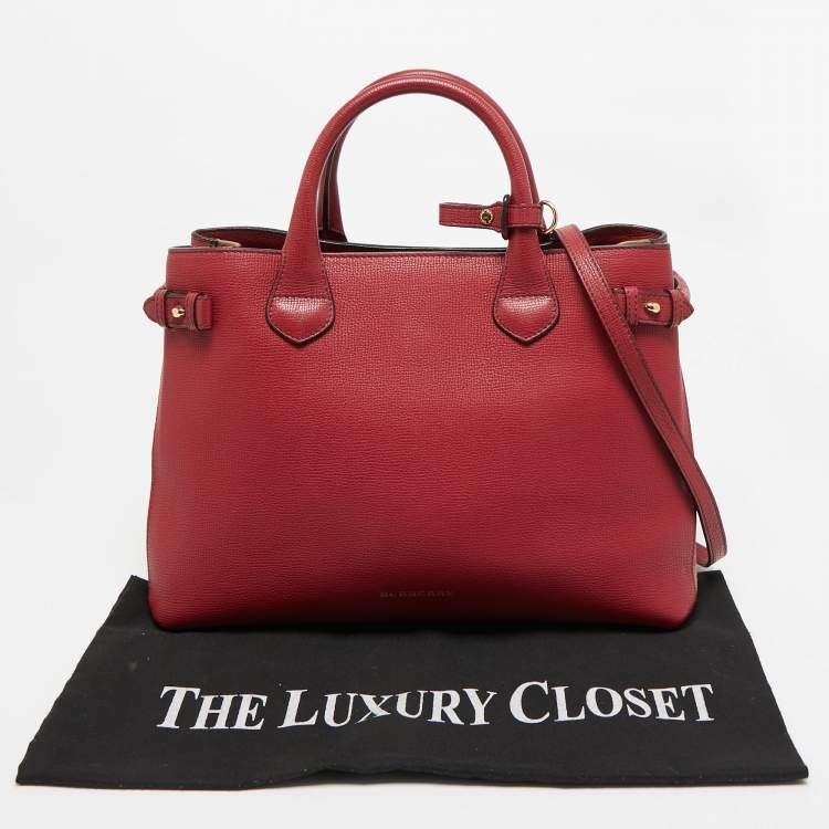 Pre Owned Burberry Red/Beige Leather and House Check Fabric Medium Banner Tote
