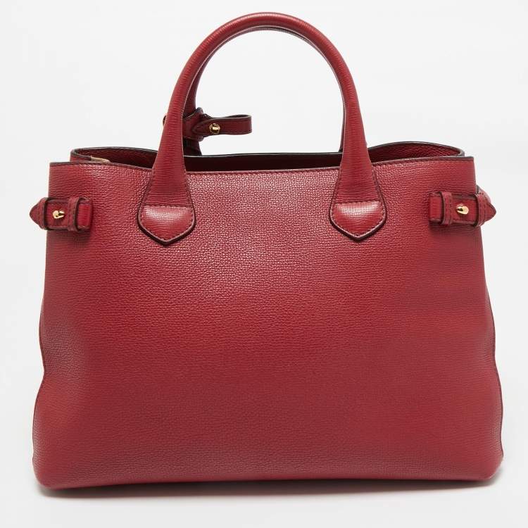 Pre Owned Burberry Red/Beige Leather and House Check Fabric Medium Banner Tote