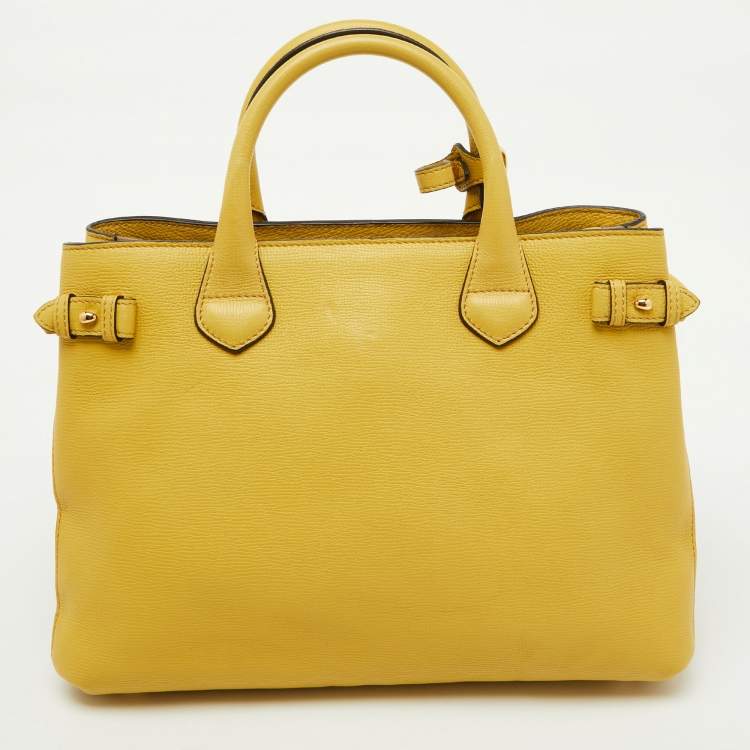Pre Owned Burberry Yellow Leather and House Check Canvas Medium Banner Tote