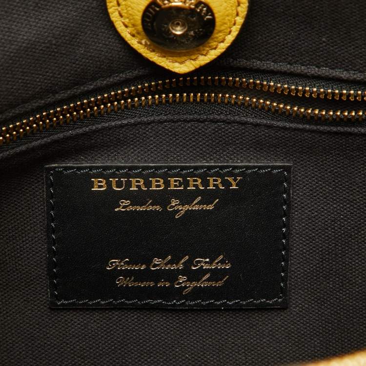 Pre Owned Burberry Yellow Leather and House Check Canvas Medium Banner Tote