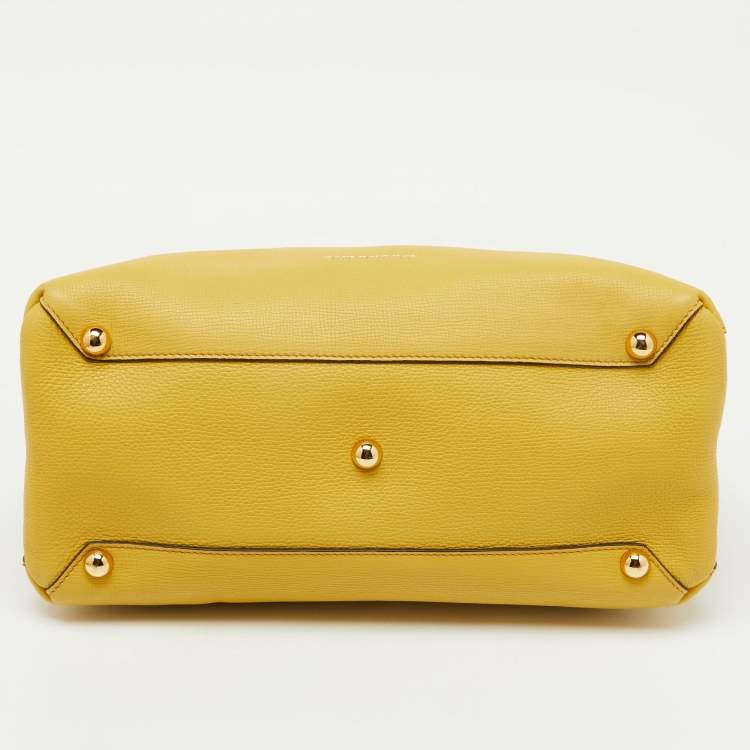 Pre Owned Burberry Yellow Leather and House Check Canvas Medium Banner Tote