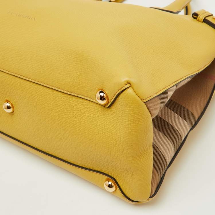 Pre Owned Burberry Yellow Leather and House Check Canvas Medium Banner Tote