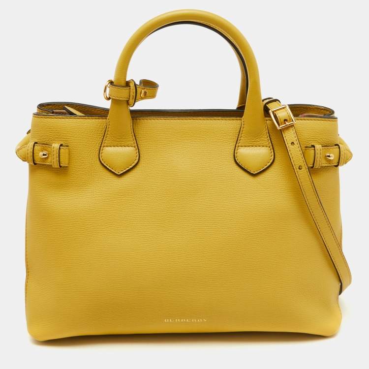Pre Owned Burberry Yellow Leather and House Check Canvas Medium Banner Tote