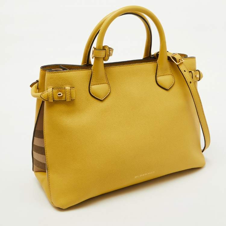 Pre Owned Burberry Yellow Leather and House Check Canvas Medium Banner Tote