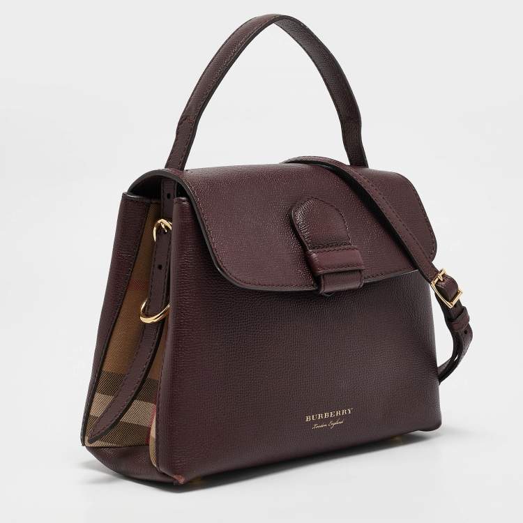 Pre Owned Burberry Burgundy/Beige House Check Canvas and Leather Camberley Top Handle Bag
