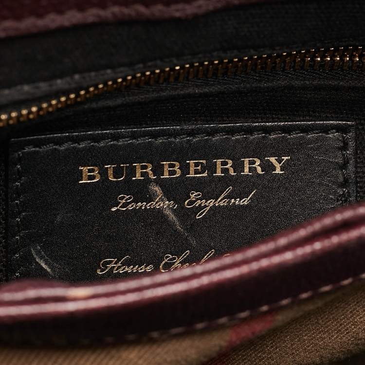 Pre Owned Burberry Burgundy/Beige House Check Canvas and Leather Camberley Top Handle Bag
