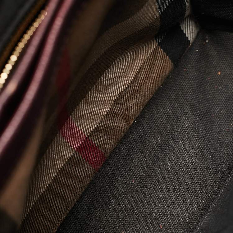 Pre Owned Burberry Burgundy/Beige House Check Canvas and Leather Camberley Top Handle Bag
