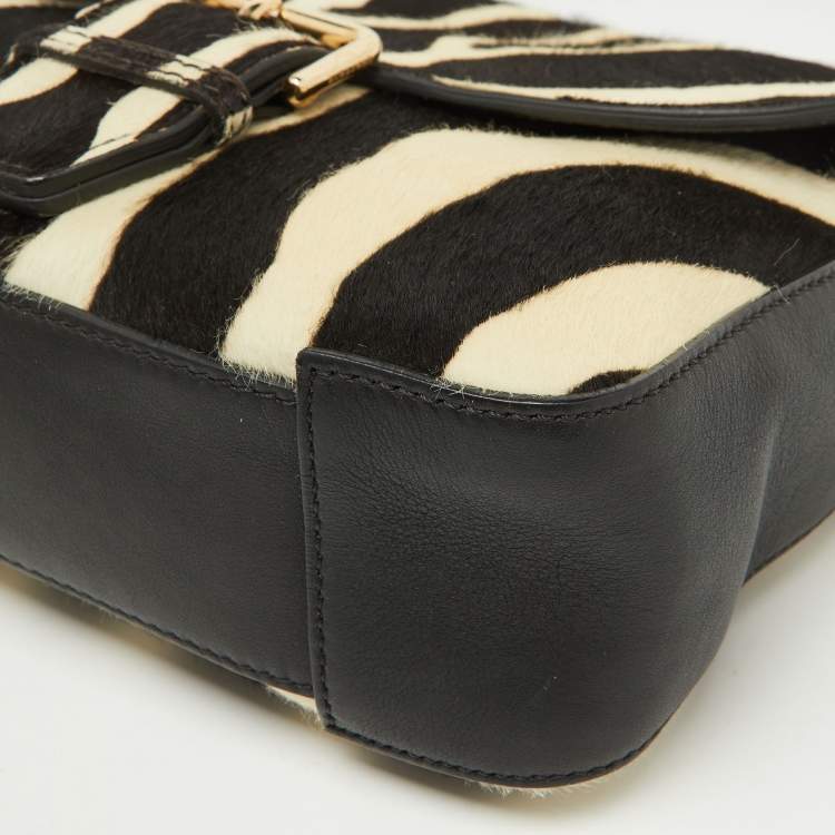 Pre Owned Burberry Black/Cream Zebra Print Calf Hair Buckle Crossbody Bag