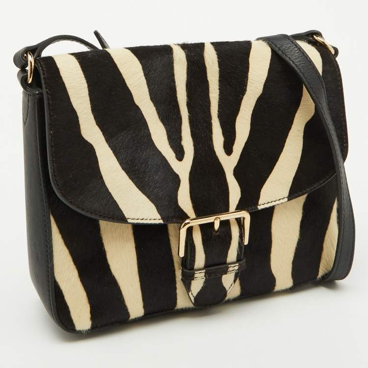Pre Owned Burberry Black/Cream Zebra Print Calf Hair Buckle Crossbody Bag