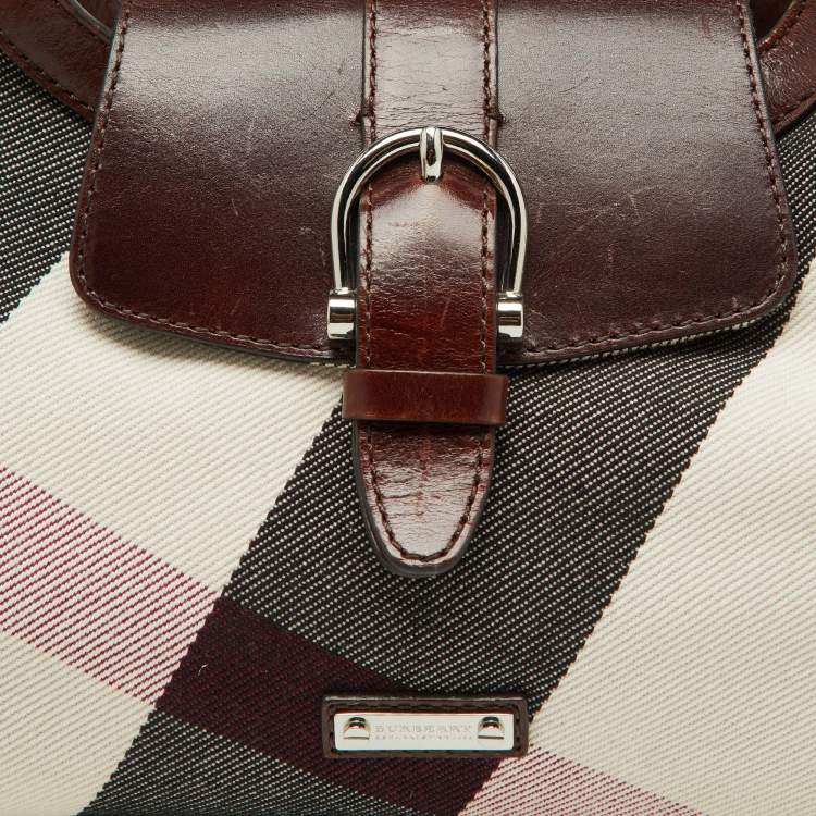 Pre Owned Burberry Brown Mega Check Canvas and Leather Buckle Flap Shoulder Bag