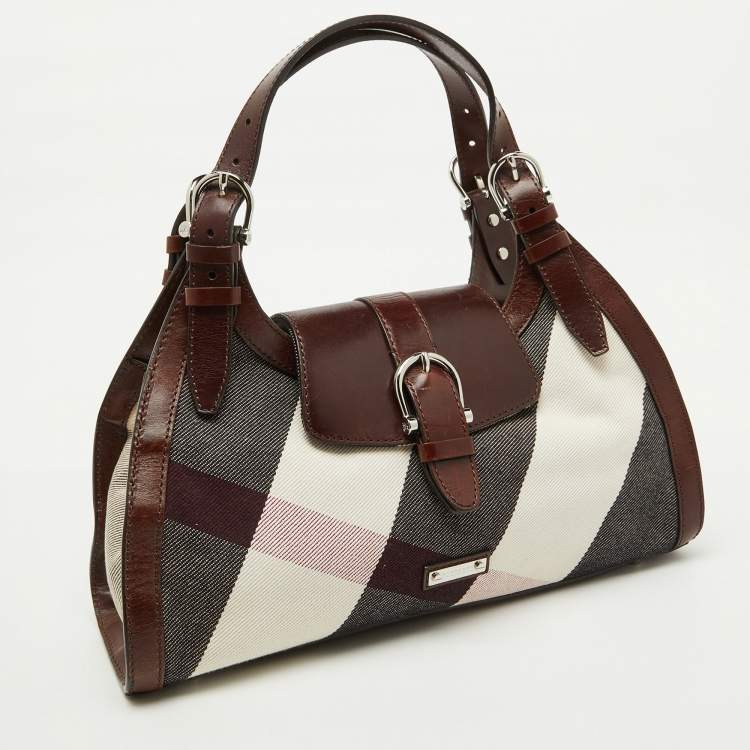 Pre Owned Burberry Brown Mega Check Canvas and Leather Buckle Flap Shoulder Bag