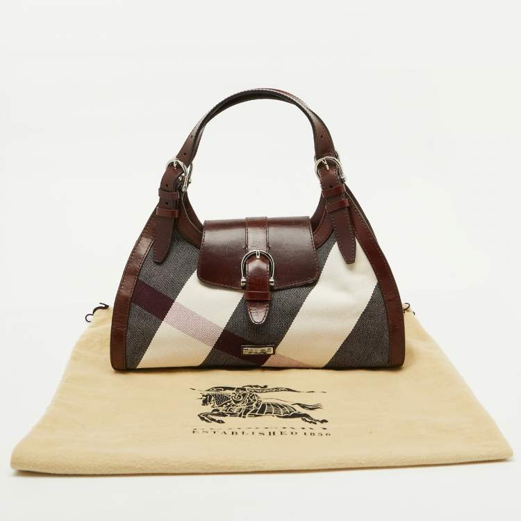 Pre Owned Burberry Brown Mega Check Canvas and Leather Buckle Flap Shoulder Bag
