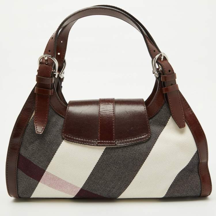 Pre Owned Burberry Brown Mega Check Canvas and Leather Buckle Flap Shoulder Bag