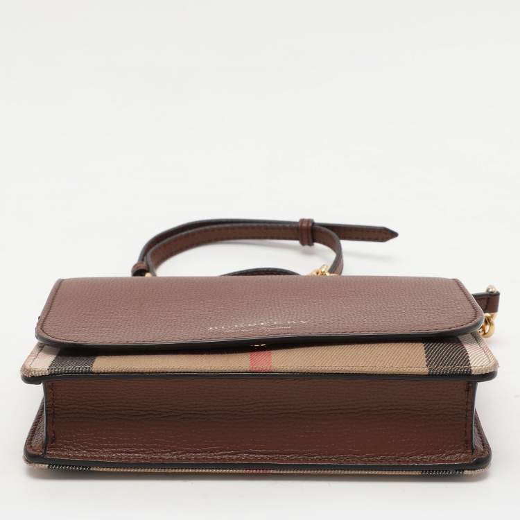 Pre Owned Burberry Brown/Beige House Check Canvas and Leather Hampshire Crossbody Bag