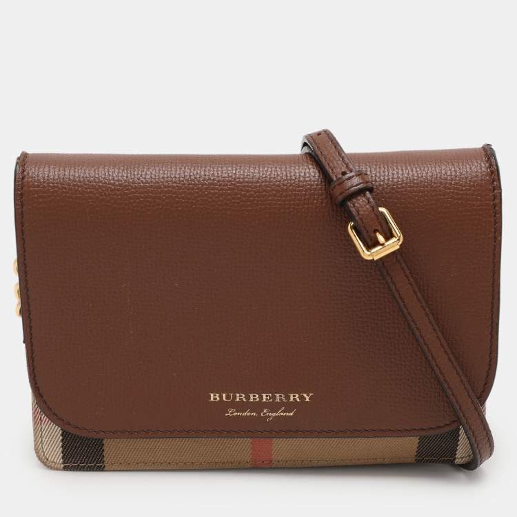 Pre Owned Burberry Brown/Beige House Check Canvas and Leather Hampshire Crossbody Bag