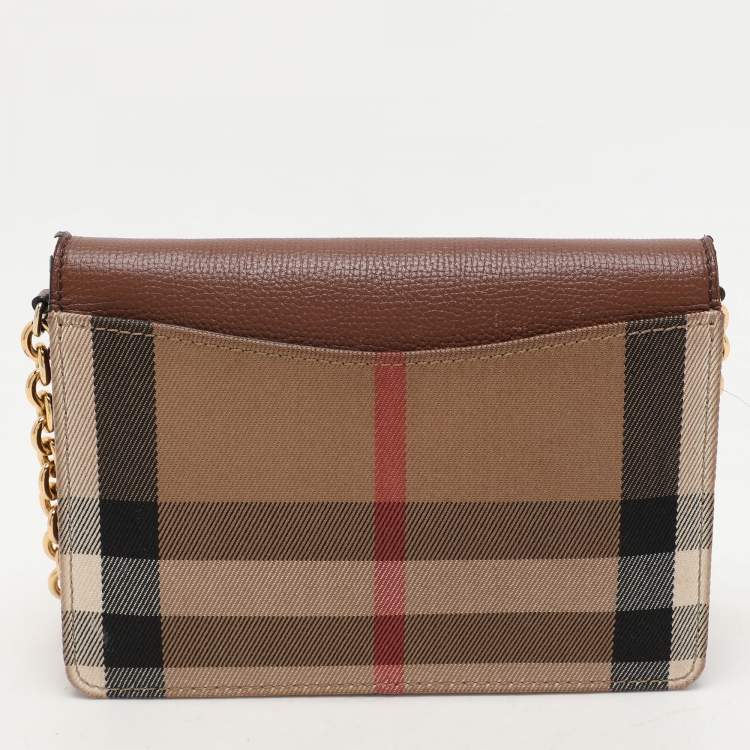 Pre Owned Burberry Brown/Beige House Check Canvas and Leather Hampshire Crossbody Bag