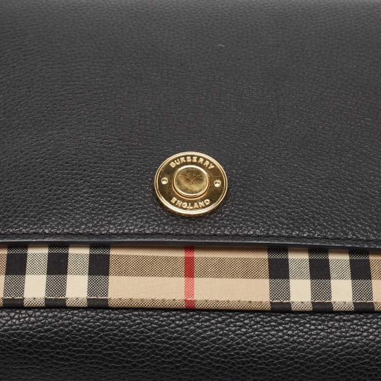 Pre Owned Burberry Black/Beige Check Canvas and Leather Note Shoulder Bag