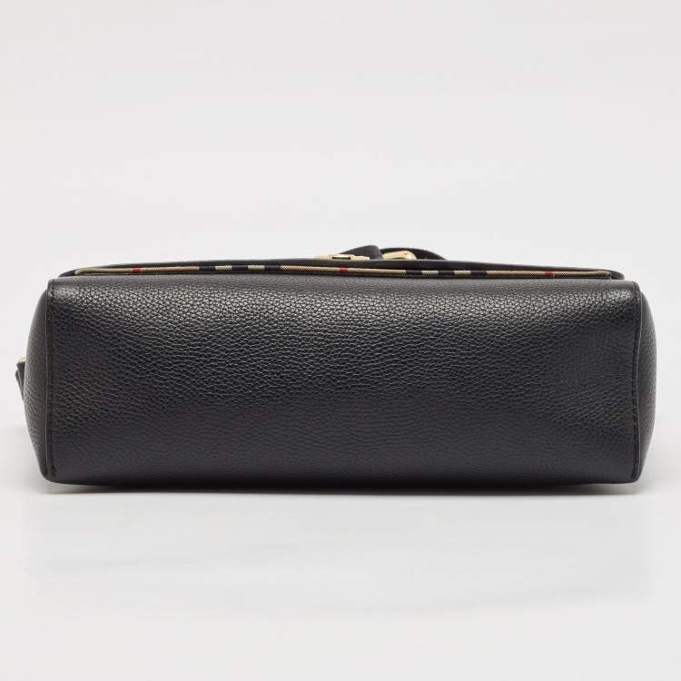 Pre Owned Burberry Black/Beige Check Canvas and Leather Note Shoulder Bag
