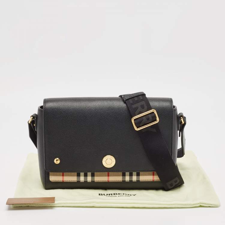 Pre Owned Burberry Black/Beige Check Canvas and Leather Note Shoulder Bag