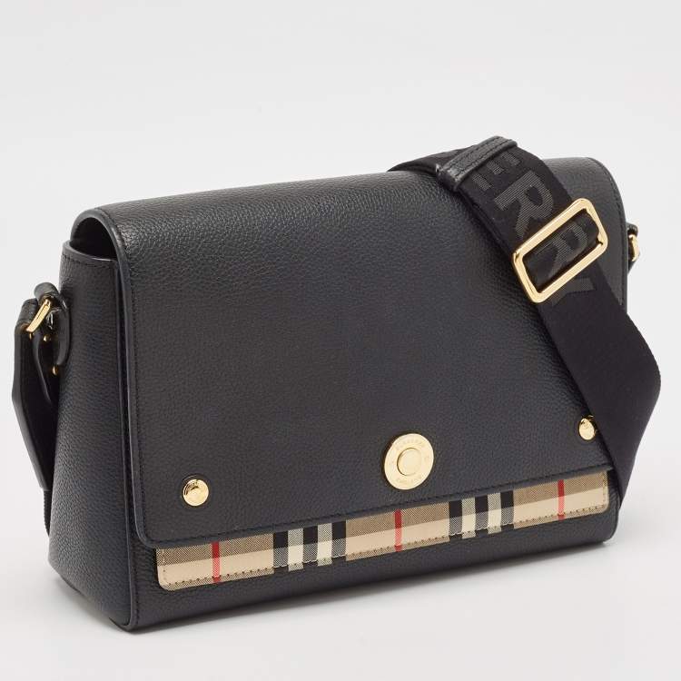Pre Owned Burberry Black/Beige Check Canvas and Leather Note Shoulder Bag