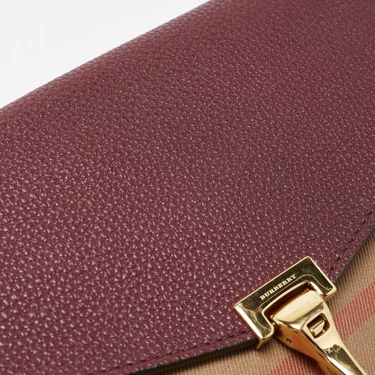 Pre Owned Burberry Burgundy/Beige Check Fabric and Leather Small Macken Crossbody Bag
