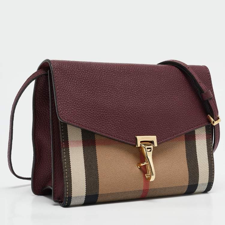 Pre Owned Burberry Burgundy/Beige Check Fabric and Leather Small Macken Crossbody Bag