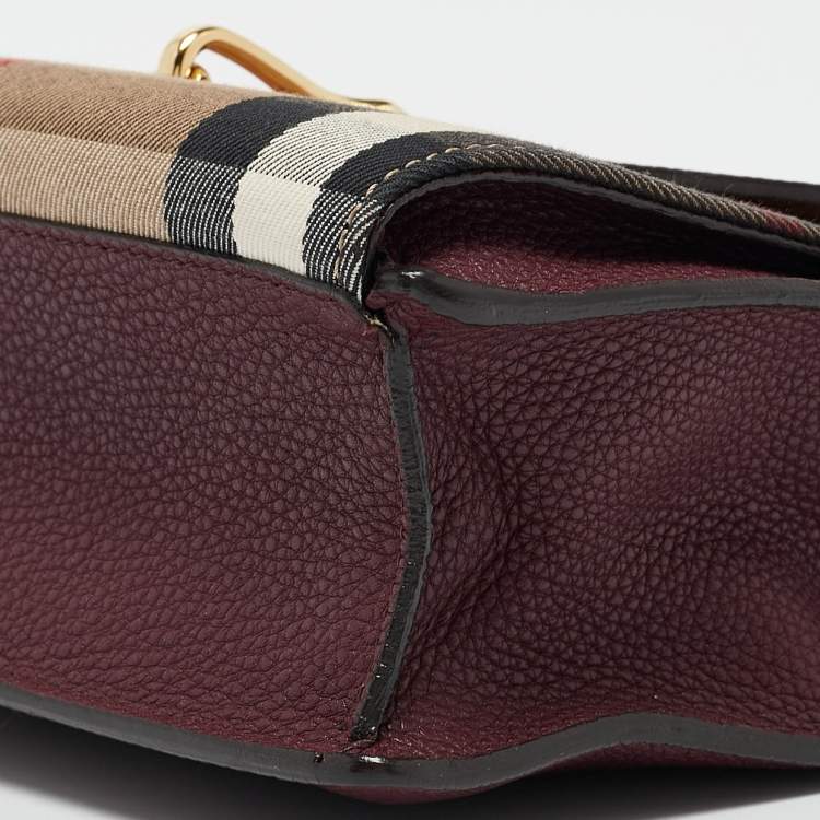Pre Owned Burberry Burgundy/Beige Check Fabric and Leather Small Macken Crossbody Bag