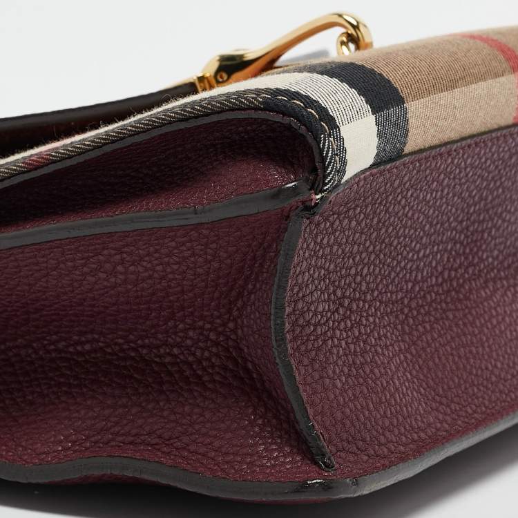 Pre Owned Burberry Burgundy/Beige Check Fabric and Leather Small Macken Crossbody Bag