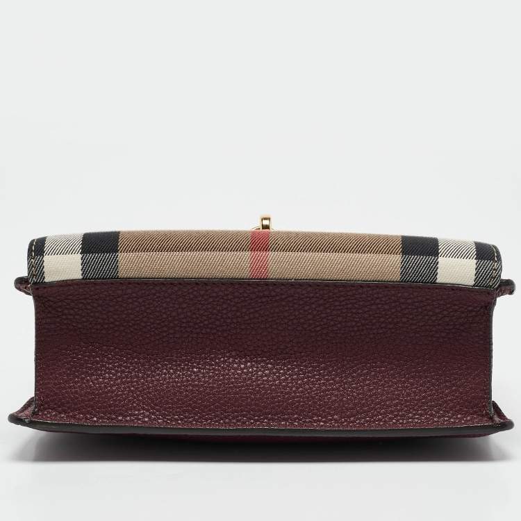 Pre Owned Burberry Burgundy/Beige Check Fabric and Leather Small Macken Crossbody Bag