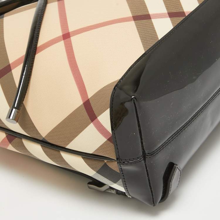 Pre Owned Burberry Black/Beige Supernova Check PVC Medium Drawstring Backpack