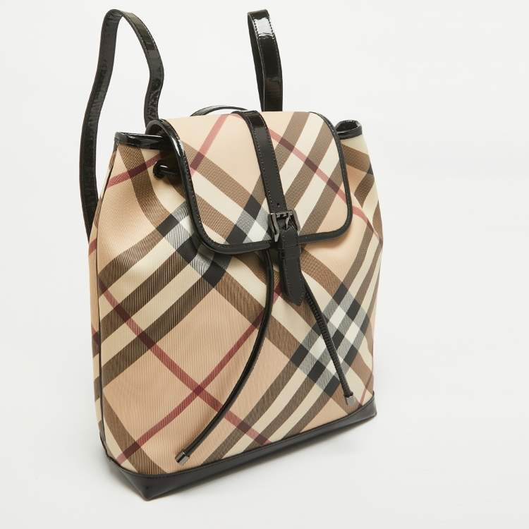 Pre Owned Burberry Black/Beige Supernova Check PVC Medium Drawstring Backpack